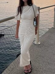 Ruched Short Sleeve Maxi Dress in Apricot, close-up detail