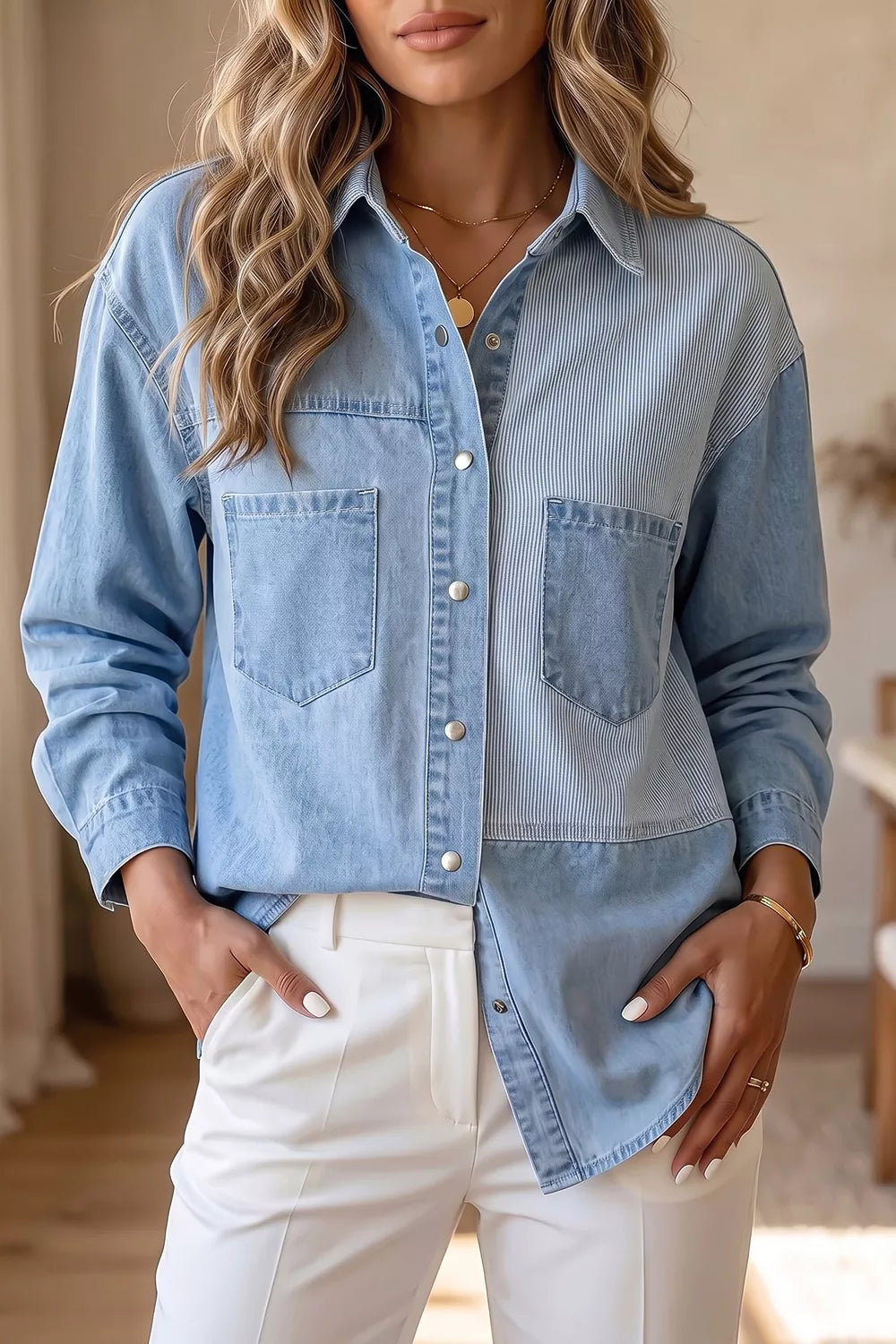 Two-tone Denim Patchwork Shirt in Light Blue, front view