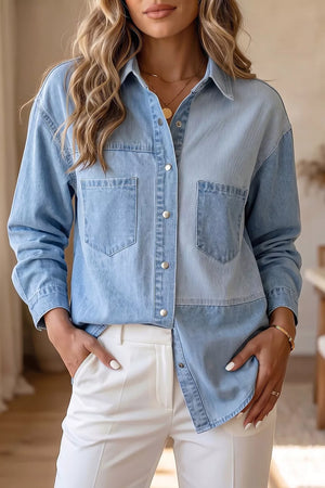 Two-tone Denim Patchwork Shirt in Light Blue, front view