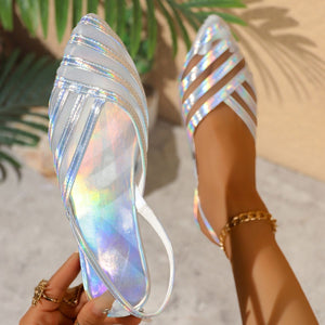 Chic mesh pointed slingback flats with iridescent straps and a delicate ankle strap.