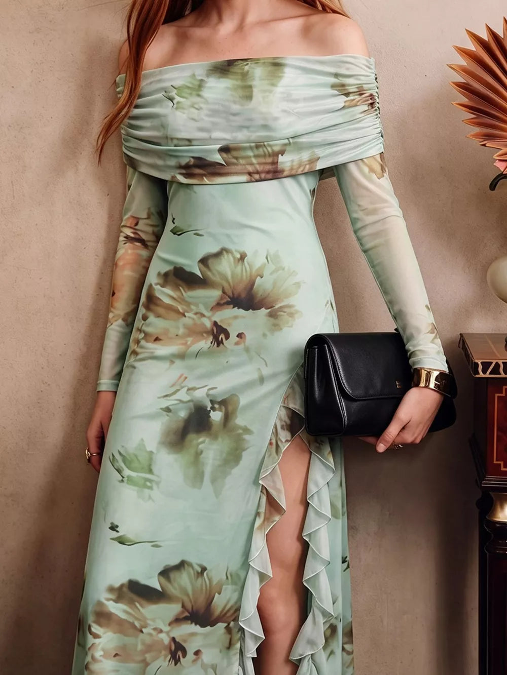 Ruffled Slit Off Shoulder Maxi Dress in Floral, close-up detail