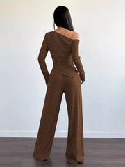 Chic One-shoulder Asymmetrical Top & Wide-leg Pants Set in Burgundy, view 15