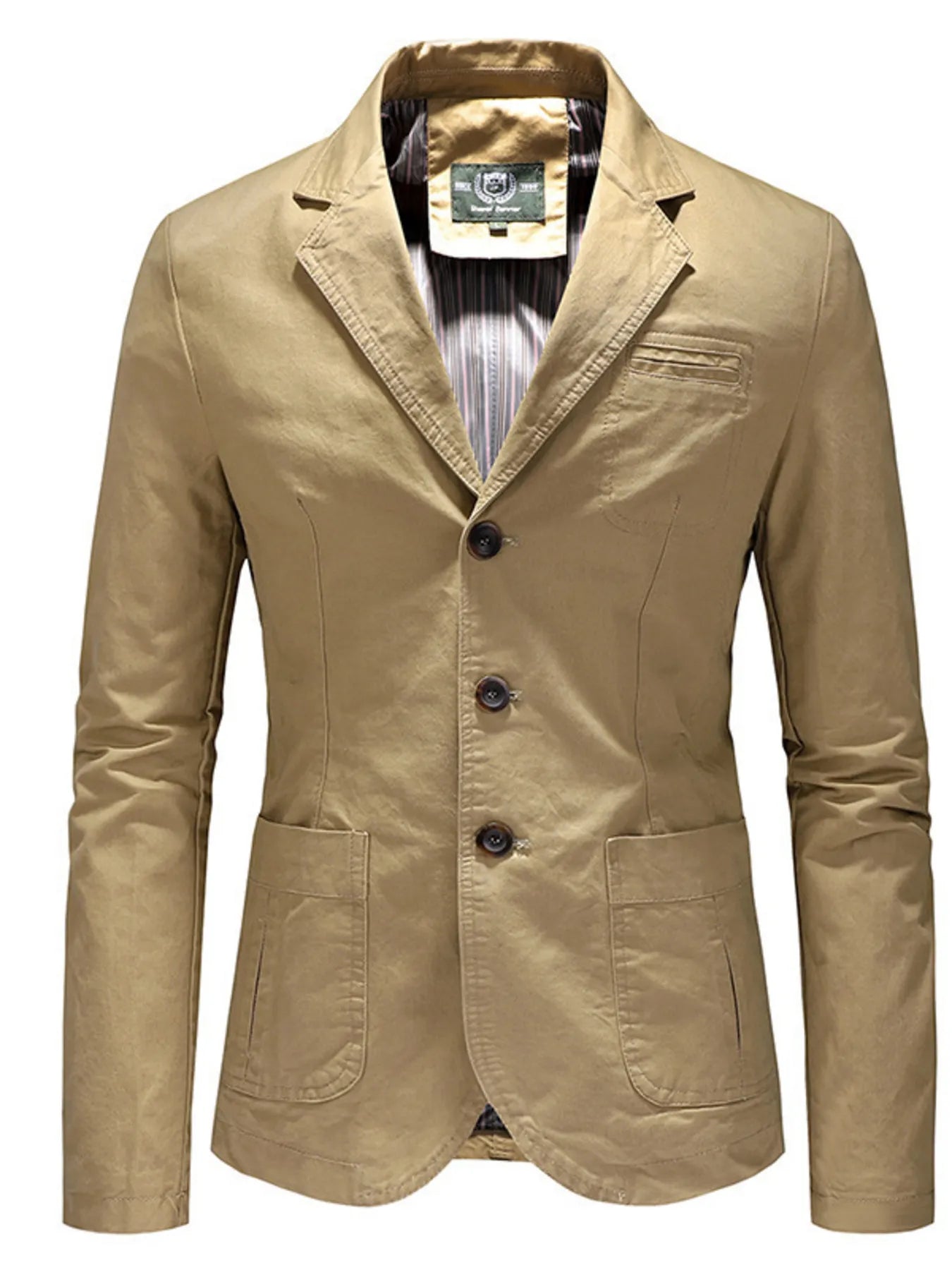 Casual slim fit khaki cotton blazer with button front and patch pockets.