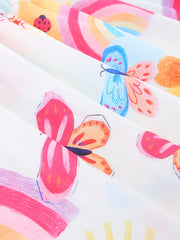 Toddler dress with white fabric and a colorful rainbow butterfly print.