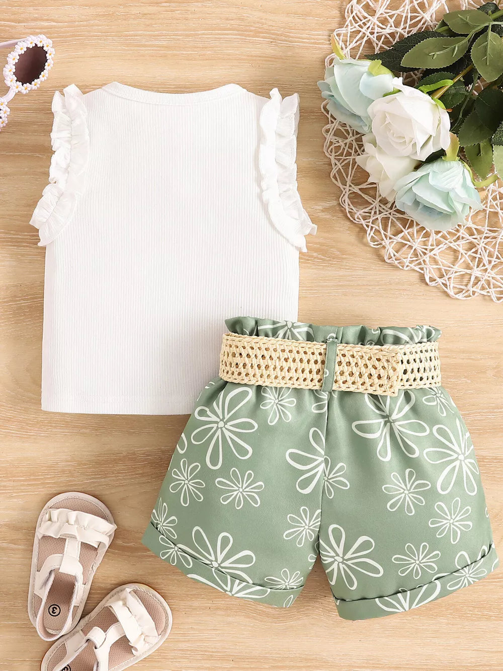 Children's Frill Sleeveless Top And Belt Shorts Set, back view