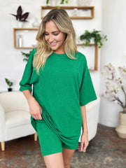 Textured boxy tee and shorts set in mid green, casual outfit