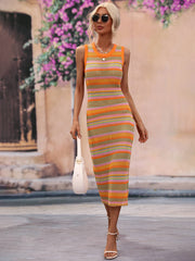 Striped knit sleeveless midi dress in orange, pink, green, and blue with a crochet texture.