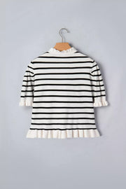Chic striped maternity cardigan with ruffle trim and mock neck.