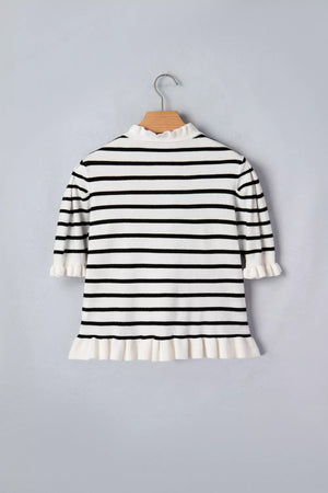 Chic striped maternity cardigan with ruffle trim and mock neck.