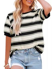 Classic striped crew neck tee in black and cream with short sleeves and a relaxed fit.