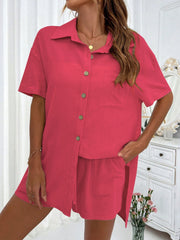 Deep Rose linen resort shirt and short set with button front and chest pocket.