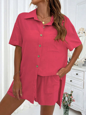Deep Rose linen resort shirt and short set with button front and chest pocket.