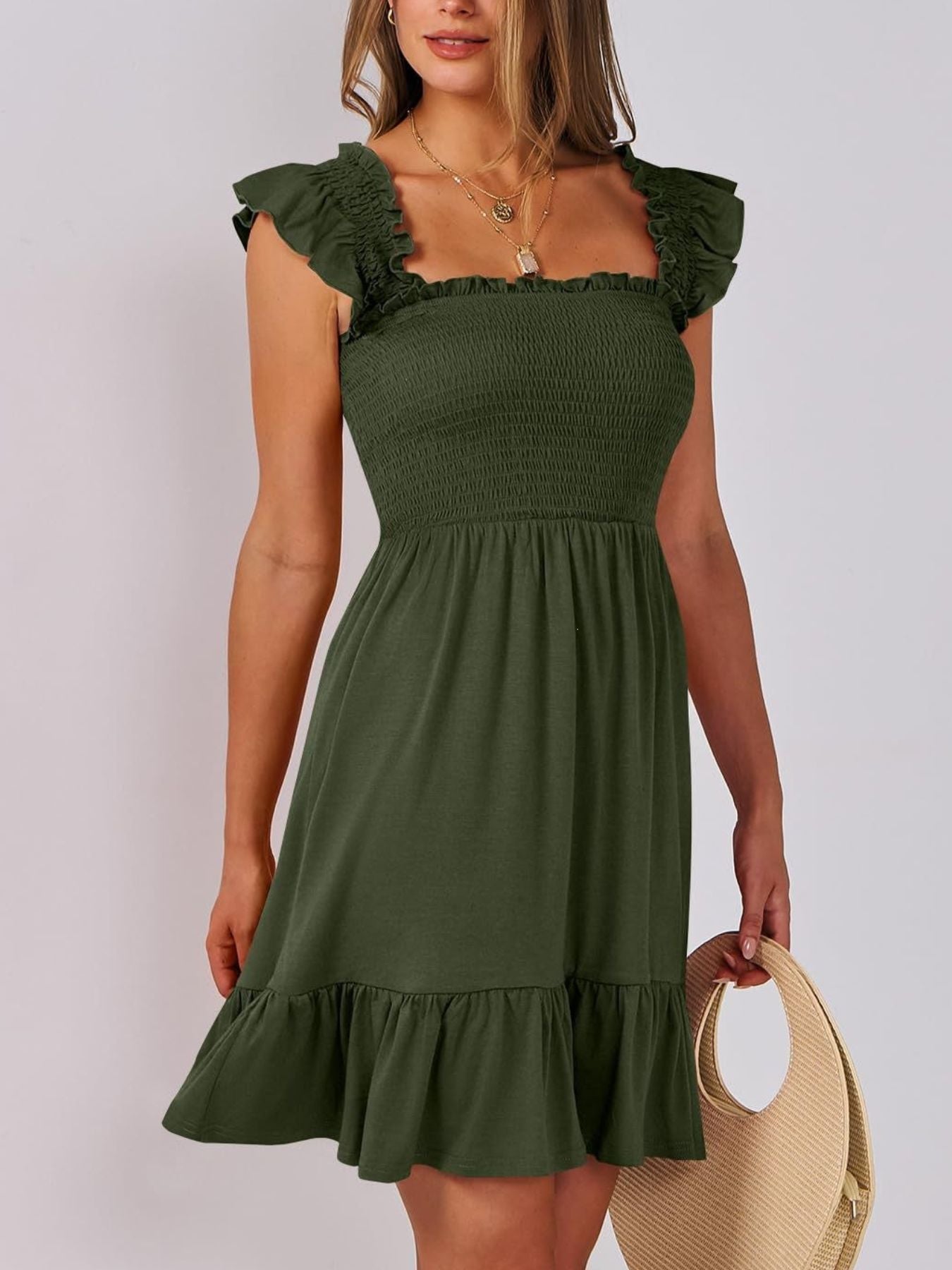Smocked ruffle hem mini dress in army green with square neckline and flutter sleeves.