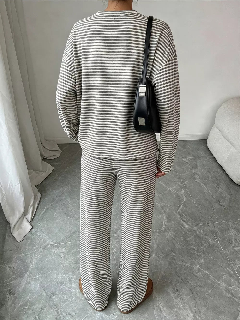 Striped Round Neck Top And Pants Set in Gray, back view
