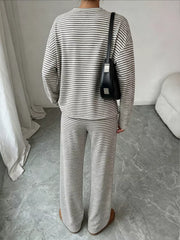 Striped Round Neck Top And Pants Set in Gray, back view