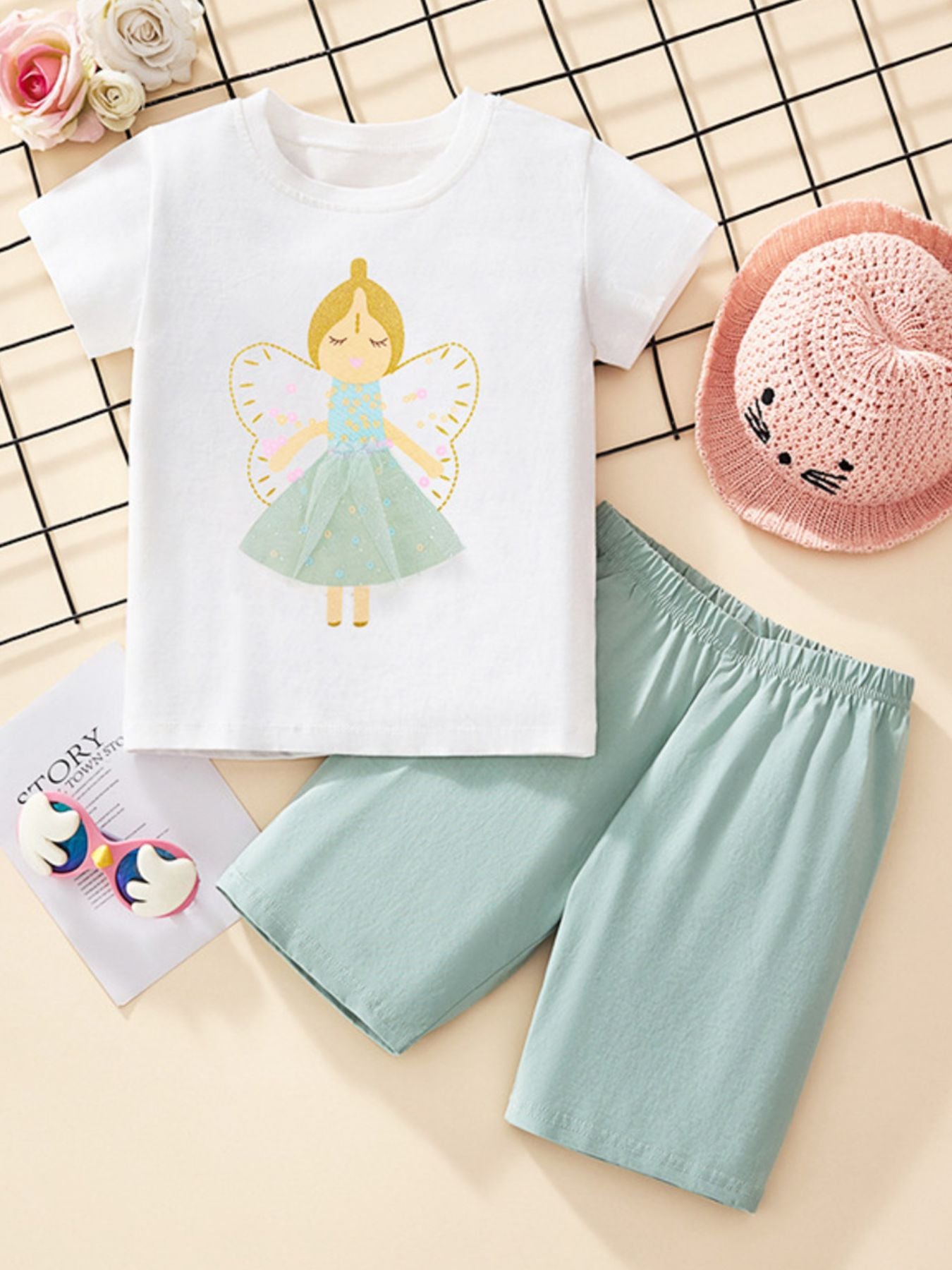 White fairy graphic toddler tee and mint shorts set