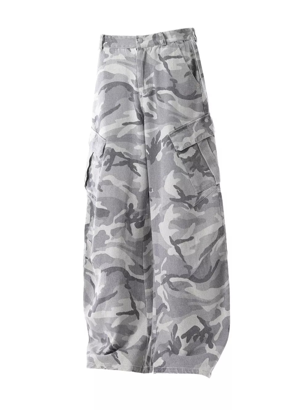 Baggy white camouflage cargo pants with multiple pockets and button fly.