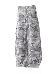 Baggy white camouflage cargo pants with multiple pockets and button fly.
