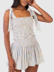 Rainbow striped smocked bodice and shorts set with tie straps and ruffled waist detail.