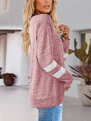 Varsity Stripe Raglan V-Neck Top in Dusty Pink with white sleeve stripes.