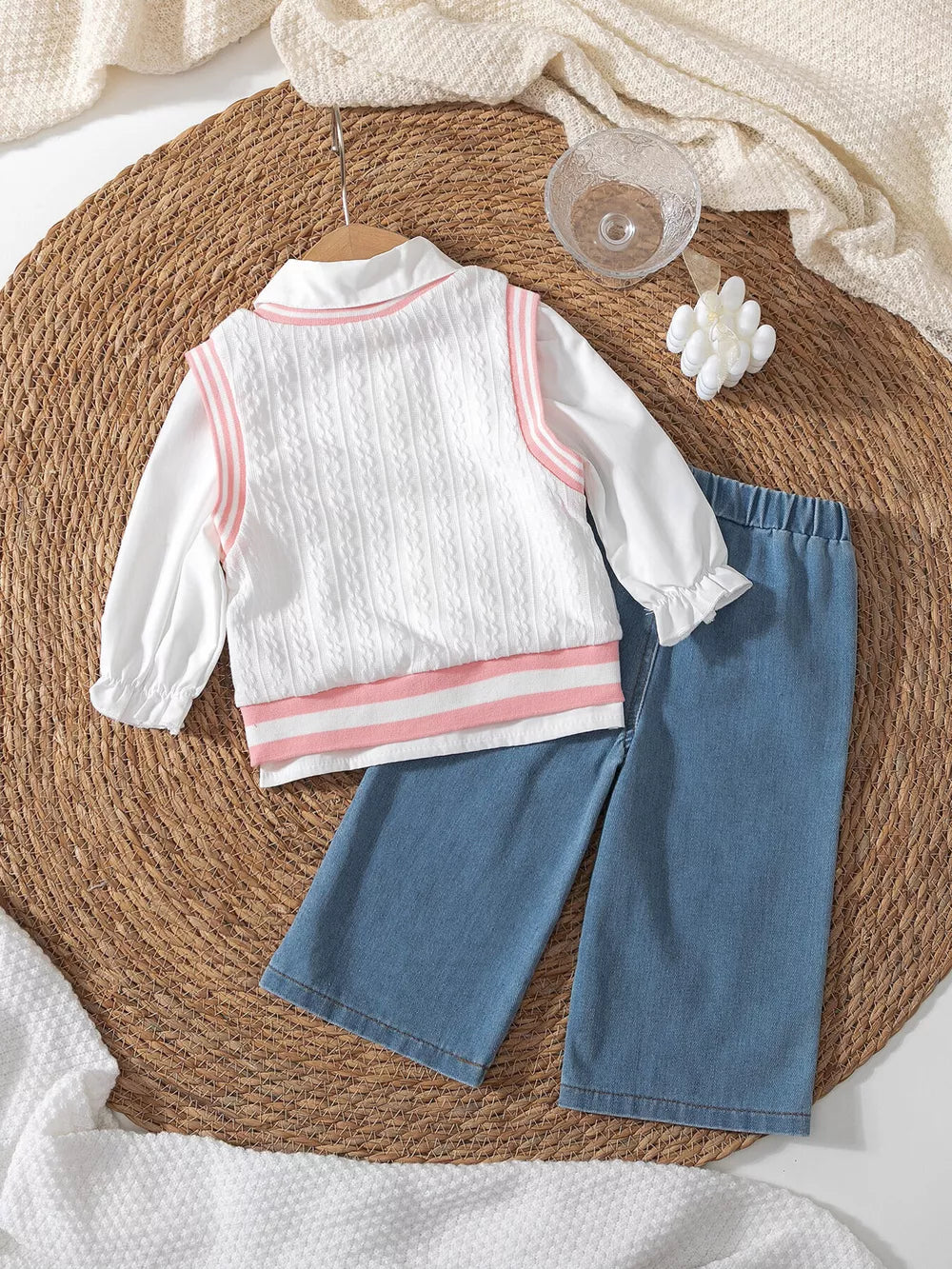Children's Long Sleeve Shirt & Knit Vest And Jeans Set in White, alternate angle