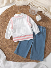 Children's Long Sleeve Shirt & Knit Vest And Jeans Set in White, alternate angle