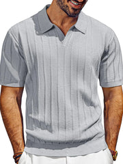 Gray ribbed knit polo shirt with open placket and short sleeves.