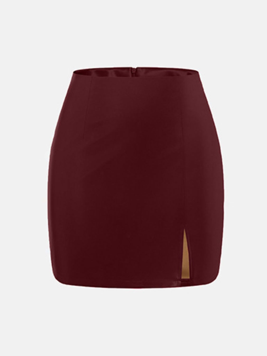 Burgundy leatherette mini skirt with a side slit and high waist.