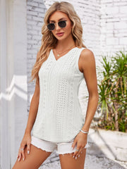 White eyelet sleeveless V-neck top with button-down detail