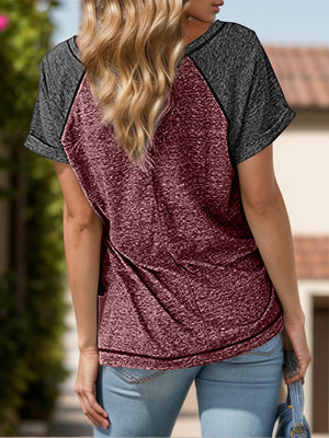Raglan sleeve tee in burgundy and gray with button detail.