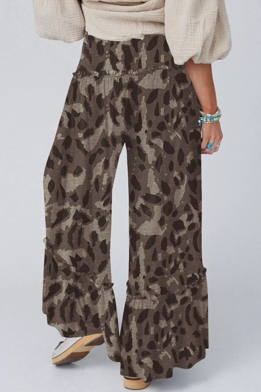 Camo print maternity pants with ruffled hem and wide leg