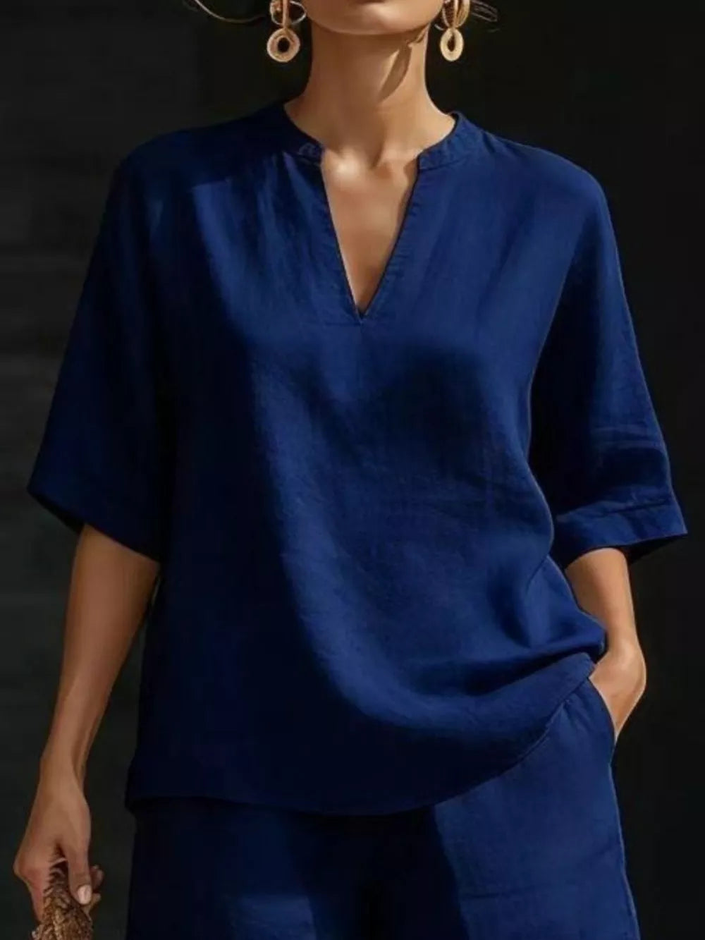 Dark blue notched V-neck two-piece set with pockets, casual women's outfit