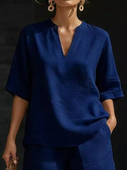 Dark blue notched V-neck two-piece set with pockets, casual women's outfit