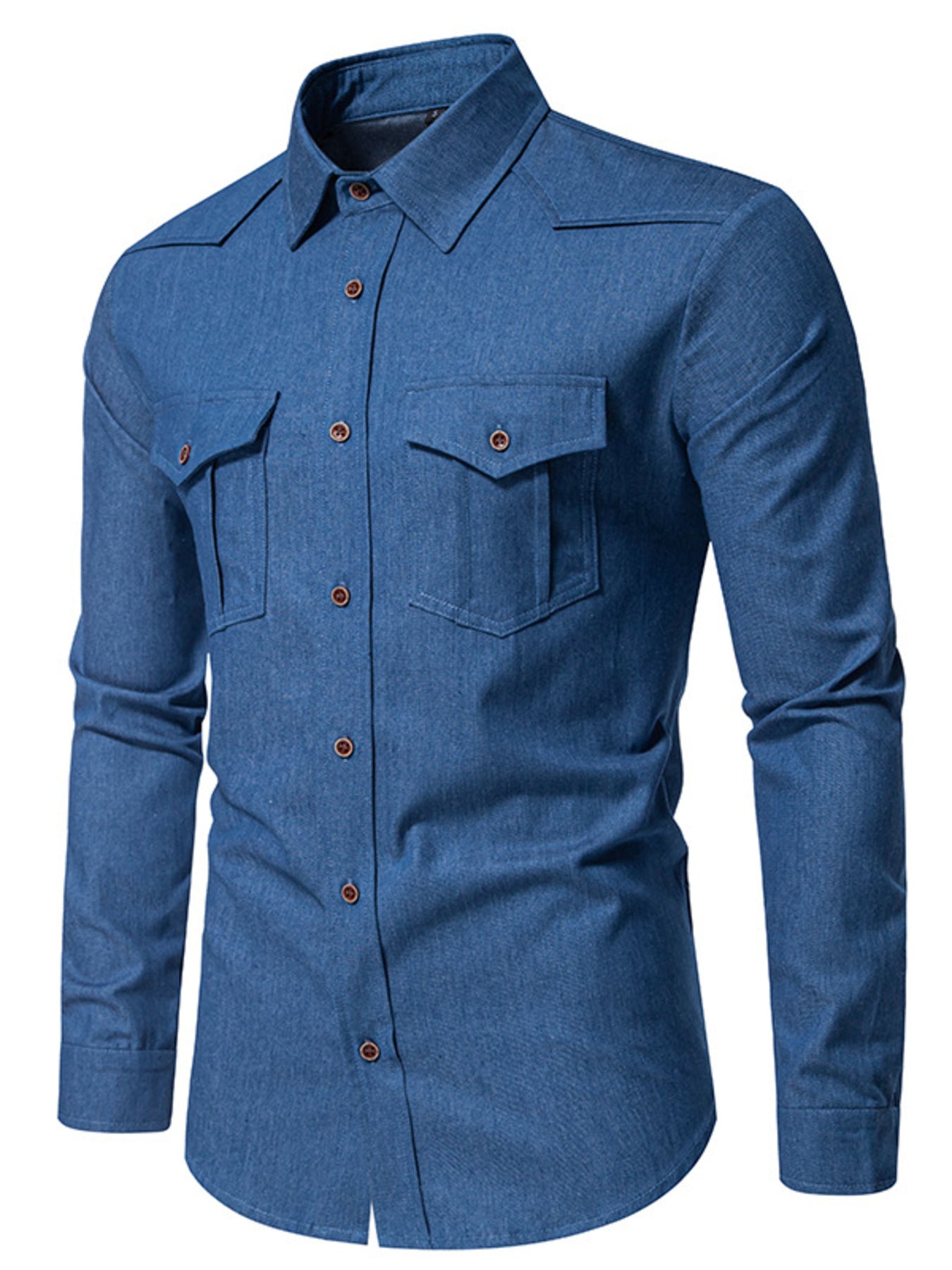 Men's dark blue cotton denim shirt with two button-flap chest pockets and button-down collar.