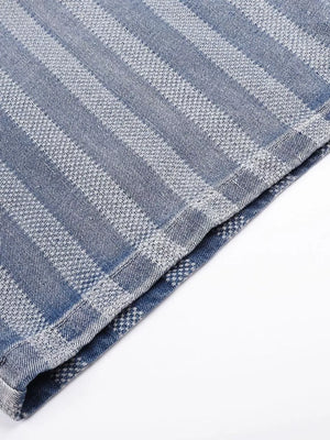 Men's Stripe Wide Leg Denim Capris in Blue, fit detail