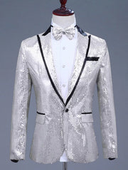 Men's Silvery White Sequin One Button Blazer with black lapel trim and bow tie.