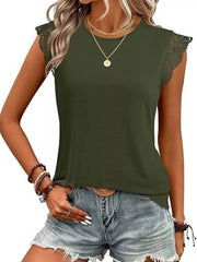 Olive green round neck shirt with lace cap sleeves and layered necklaces.