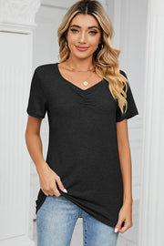 Black ruched V-neck jersey tee with short sleeves.