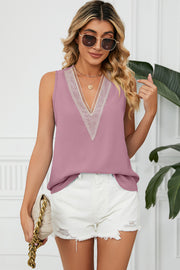 Lavender lace-trimmed V-neck tank top with a relaxed fit.