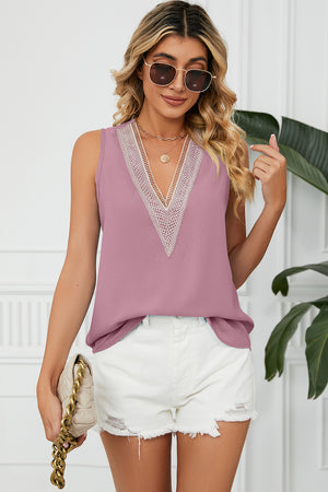 Lavender lace-trimmed V-neck tank top with a relaxed fit.
