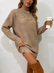 Full Size Turtleneck Fringe Sweater Dress in Burgundy, close-up detail