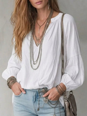 Notched Balloon Sleeve Blouse in Black, side view