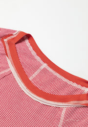 Deep Red striped raglan tee with contrast red neckline and raw edge details.