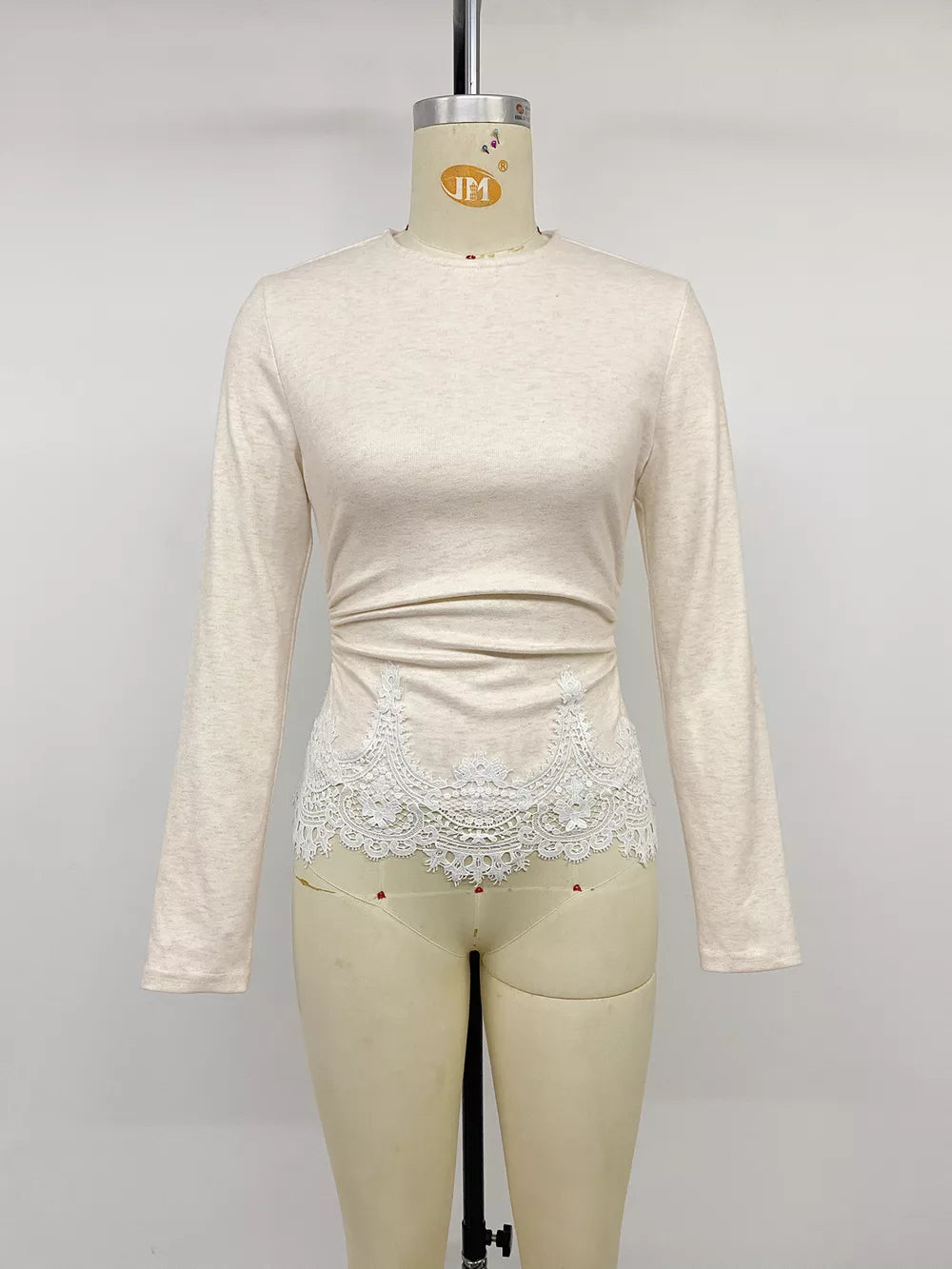 Lace Trim Long Sleeve T-shirt in Eggshell, editorial view