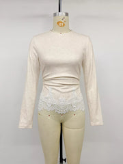Lace Trim Long Sleeve T-shirt in Eggshell, editorial view