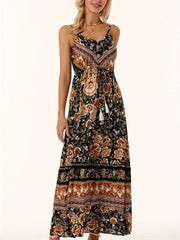 Black floral print maxi dress with adjustable waist and tassel tie