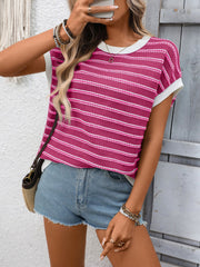 Rose red striped short sleeve knit top with white trim and crew neck.