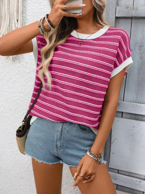 Rose red striped short sleeve knit top with white trim and crew neck.
