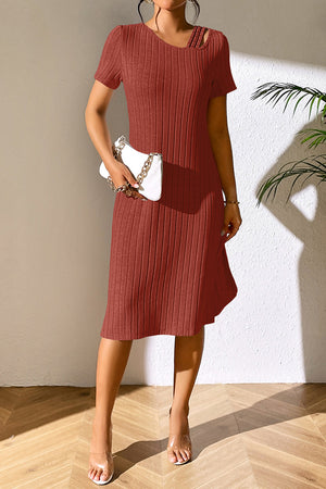 Orange-red ribbed midi dress with short sleeves and a unique shoulder detail.