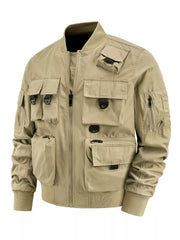 Khaki multi-pocket tactical bomber jacket with zip closure and D-ring details.